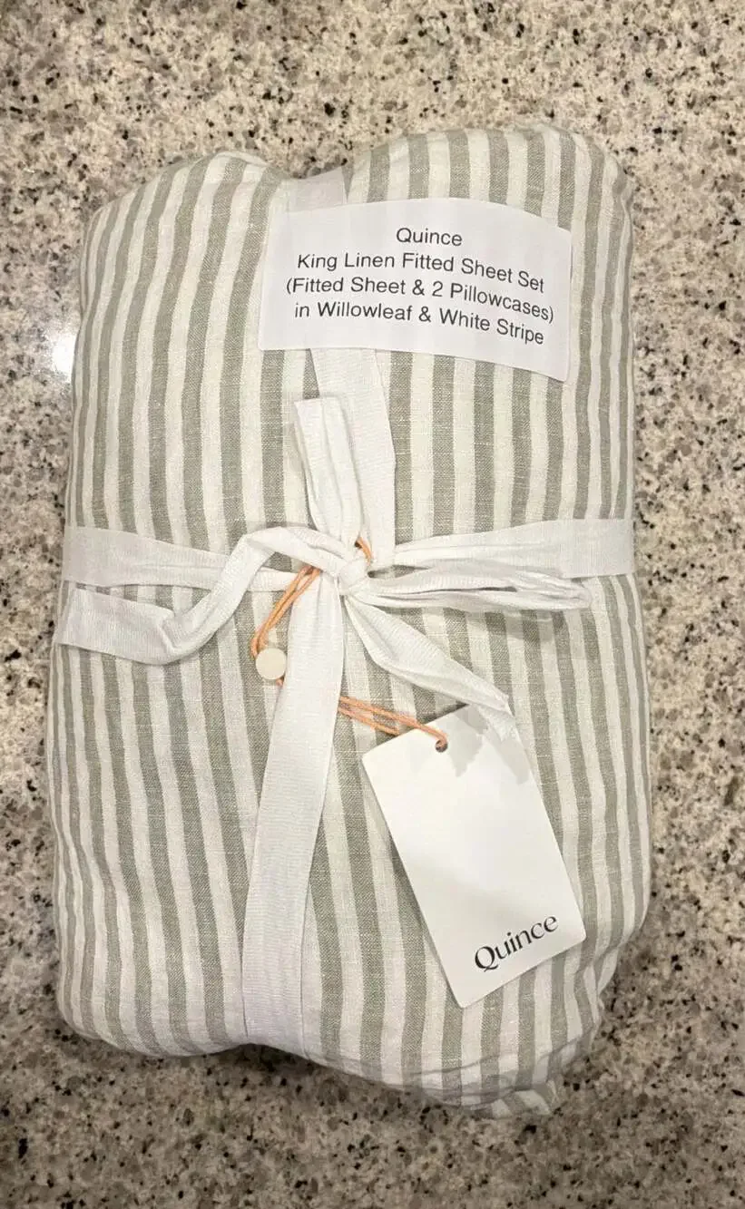Quince King Linen Fitted Sheet Set in Willowleaf & White Stripe